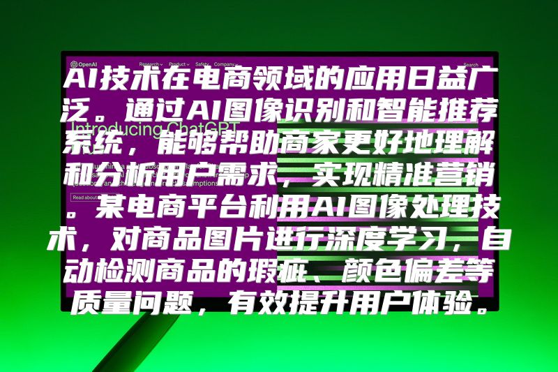AI技术在电商领域的应用日益广泛。通过AI图像识别和智能推荐系统，能够帮助商家更好地理解和分析用户需求，实现精准营销。某电商平台利用AI图像处理技术，对商品图片进行深度学习，自动检测商品的瑕疵、颜色偏差等质量问题，有效提升用户体验。