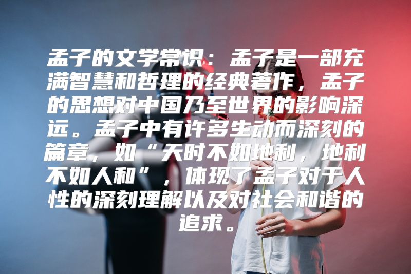 孟子的文学常识：孟子是一部充满智慧和哲理的经典著作，孟子的思想对中国乃至世界的影响深远。孟子中有许多生动而深刻的篇章，如“天时不如地利，地利不如人和”，体现了孟子对于人性的深刻理解以及对社会和谐的追求。