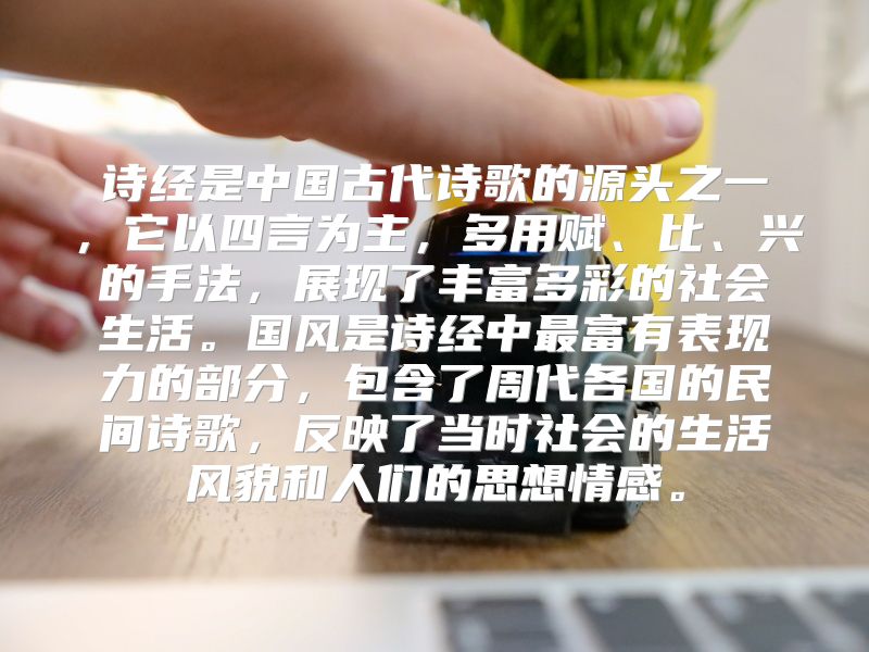 诗经是中国古代诗歌的源头之一，它以四言为主，多用赋、比、兴的手法，展现了丰富多彩的社会生活。国风是诗经中最富有表现力的部分，包含了周代各国的民间诗歌，反映了当时社会的生活风貌和人们的思想情感。