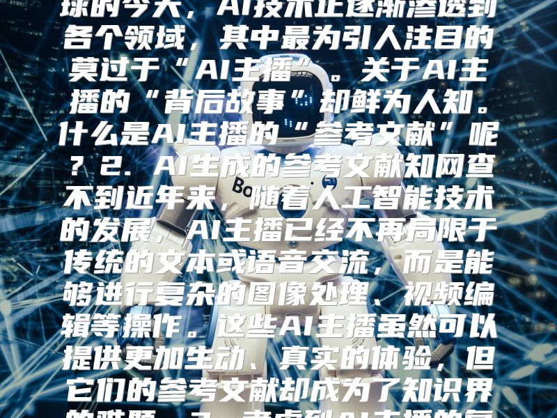 揭秘AI主播背后的秘密 参考文献是什么？在数字化浪潮席卷全球的今天，AI技术正逐渐渗透到各个领域，其中最为引人注目的莫过于“AI主播”。关于AI主播的“背后故事”却鲜为人知。什么是AI主播的“参考文献”呢？2. AI生成的参考文献知网查不到近年来，随着人工智能技术的发展，AI主播已经不再局限于传统的文本或语音交流，而是能够进行复杂的图像处理、视频编辑等操作。这些AI主播虽然可以提供更加生动、真实的体验，但它们的参考文献却成为了知识界的难题。3. 考虑到AI主播的复杂性，如何定义其‘参考文献’呢？对于AI主